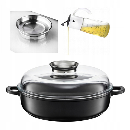 Ambition patelnia głęboka 28 cm Carbon z dwoma uchwytami pokrywą żaroodporną brytfanna do piekarnika z aromatyzerem indukcję gaz