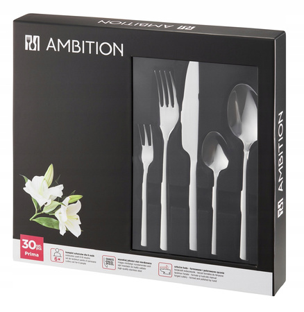 Ambition sztućce Prima zestaw 30 elementów grube nowoczesne komplet dla 6 osób z widelczykami do ciasta proste gładkie bez wzoru