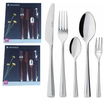 Sztućce Ambition Siena 48 sztuk nierdzewne zestaw dla 12 osób nowoczesne proste bez wzoru komplet 2 x 24 elementy