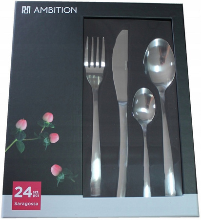 Ambition sztućce Saragossa zestaw 24 elementy komplet dla 6 osób nowoczesne nierdzewne bez wzoru gładkie obiadowe do zmywarki