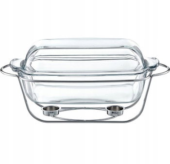 AMBITION SAULE duże naczynie żaroodporne szklane do zapiekania , serwowania na stół 2 podgrzewacze na stelażu 5,3 L
