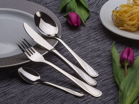 Ambition sztućce Napoli zestaw 6 widelczyki do ciasta tortu nierdzewne komplet dla 6 osób klasyczne z wzorem fala w pudełku