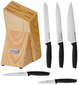 AMBITION ESSEN komplet noże kuchenne stalowe 5 w bloku drewnianym zestaw 6 elem. do obierania mięsa szefa kuchni