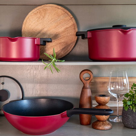 Ambition wok Noel 30 cm duży czerwony patelnia z powłoką nieprzywierającą z pokrywą do dań chińskich z powłoką nieprzywierającą na gaz indukcję