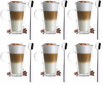 VIALLI DESIGN AMO 6 szklanek termicznych do kawy latte z podwójną ścianką 320ml + łyżeczki Bliss