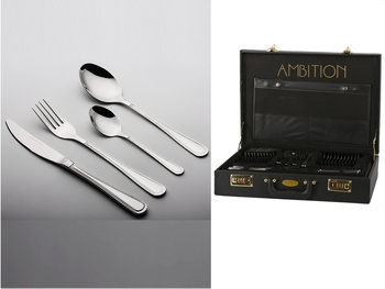 Ambition sztućce Verona zestaw 72 elementy dla 12 osób eleganckie z wzorem sztućce w walizce neseserze obiadowe deserowe