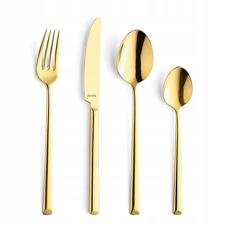 Sztućce Amefa Metropole złote goold zestaw 24 elementy w kasecie drewnianej komplet dla 6 osób nowoczesne gładkie bez wzoru 