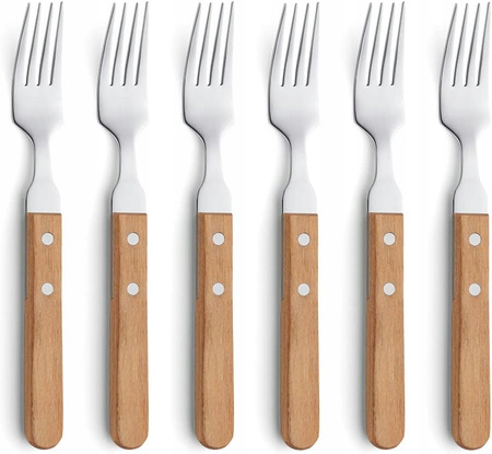 Amefa 12 sztućce stekowe 7000 zestaw 6 ostry nóż stekowy z ząbkami 6 widelec styl country do steków pizzy schabowego jasne drewno