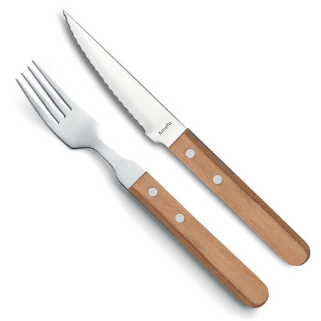 Amefa 2 sztućce stekowe 7000 zestaw 1 ostry nóż stekowy z ząbkami 1 widelec styl country do steków pizzy schabowego 18/0 jasne drewno