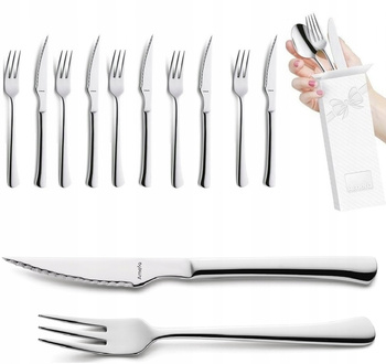 AMEFA sztućce Chuletero zestaw 12 sztućce STEKOWE komplet 6 widelec 6 nóż z ząbkami do pizzy steków schabowego mięsa na 6 osób