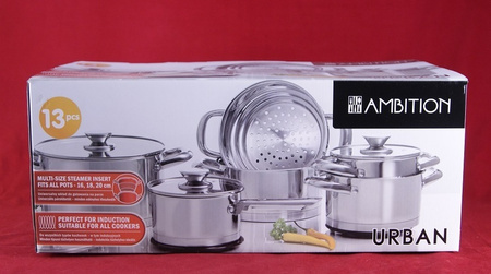 Ambition 13 garnki Urban stalowe nierdzewne tradycyjne na indukcję gaz komplet garnków ze stali nierdzewnej z wkładem na parę