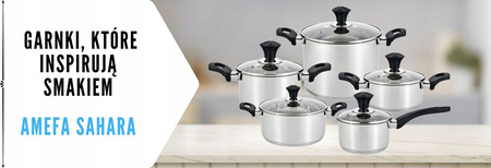 AMEFA SAHARA 10 elem. zestaw GARNKI NIERDZEWNE na indukcję gaz komplet z pokrywkami szklanymi  i czarnymi uchwytami do zmywarki