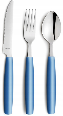 Amefa sztućce dziecięce zestaw 3 dla dziecka kolorowe niebieskie Pixel nóż widelec łyżka bez niklu do przedszkola
