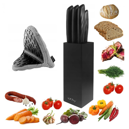 Vialli Design zestaw 5 noży kuchennych czarnych Caro ze stali nierdzewnej w czarnym bloku oraz rękawica kuchenna do piekarnika