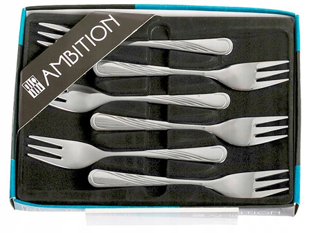 Ambition sztućce Napoli zestaw 6 widelczyki do ciasta tortu nierdzewne komplet dla 6 osób klasyczne z wzorem fala w pudełku