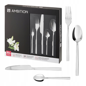 Ambition sztućce Prima zestaw 30 elementów grube nowoczesne komplet dla 6 osób z widelczykami do ciasta proste gładkie bez wzoru