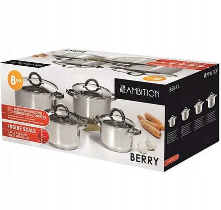 Ambition 8 garnki Berry stalowe nierdzewne tradycyjne na indukcję gaz komplet garnków ze stali nierdzewnej