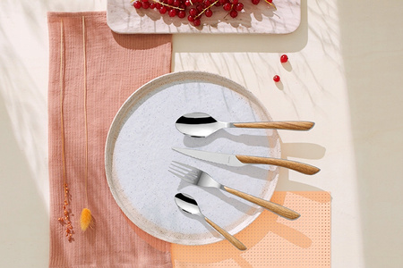 Amefa Sztućce Eclat Nature 48 elementów zestaw dla 12 osób obiadowe bez niklu efekt jasnego drewna