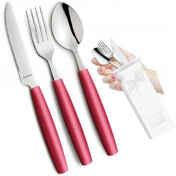 Amefa sztućce dziecięce zestaw 3 dla dziecka kolorowe wiśniowe czerwone Pixel nóż widelec łyżka bez niklu do przedszkola