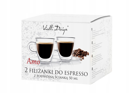 VIALLI DESIGN AMO zestaw 2 małe szklanki filiżanki TERMICZNE z uchem do kawy espresso 50 ml i 2  łyżeczki małe