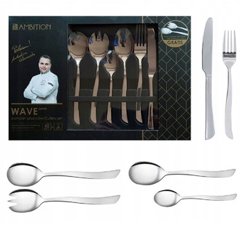 Ambition sztućce Wave zestaw 50 elementów nowoczesne do zmywarki nierdzewne komplet dla 12 osób z łyżkami do sałaty gratis