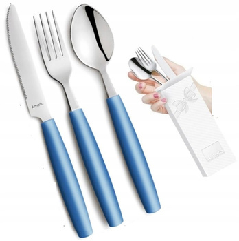 Amefa sztućce dziecięce zestaw 3 dla dziecka kolorowe niebieskie Pixel nóż widelec łyżka bez niklu do przedszkola