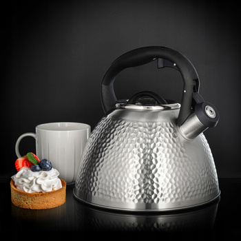 Ambition czajnik Bubble srebrny satynowany z tłoczonym wzorem tradycyjny stalowy nierdzewny z gwizdkiem na indukcję gaz 2,6 l