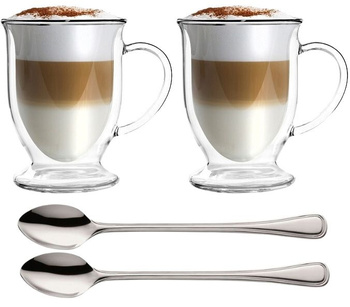 VIALLI DESIGN 2 szklanki kubki  TERMICZNE do kawy herbaty AMO 250 ml + 2 łyżeczki długie do latte Amefa Bologna
