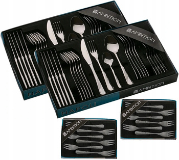 Sztućce Ambition Napolin zestaw 60 sztuk komplet dla 12 osób z wzorem fali  48 obiadowe 12 widelczyki do ciasta tortu połysk