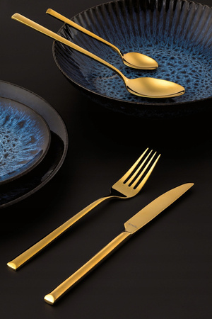 Sztućce Amefa Metropole złote goold zestaw 24 elementy w kasecie drewnianej komplet dla 6 osób nowoczesne gładkie bez wzoru 