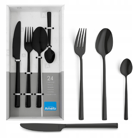 Sztućce Amefa Metropole czarne black zestaw 24 elementy nierdzewne komplet dla 6 osób nowoczesne eleganckie gładkie bez wzoru