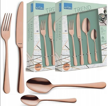 Amefa sztućce Austin Vintage zestaw 48 obiadowe MIEDZIANE komplet dla 12 OSÓB nierdzewne gładkie bez wzoru bez niklu 18/0