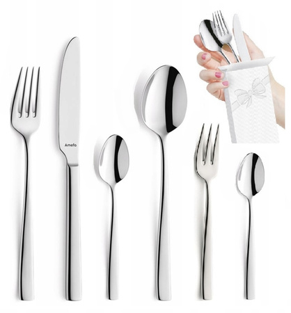 Sztućce Amefa Martin komplet 36 sztuk dla 6 osób z widelczykami do ciasta i łyżeczkami do kawy nowoczesne obiadowe deserowe 18/10