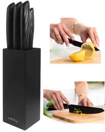 Vialli Design zestaw 5 noży kuchennych czarnych Caro ze stali nierdzewnej w czarnym bloku oraz rękawica kuchenna do piekarnika