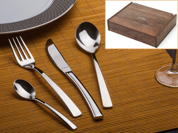 Amefa sztućce Aurora zestaw 77 sztuk sztućce dla 12 osób komplet w kasecie skrzyni drewnianej obiadowe nowoczesne na prezent