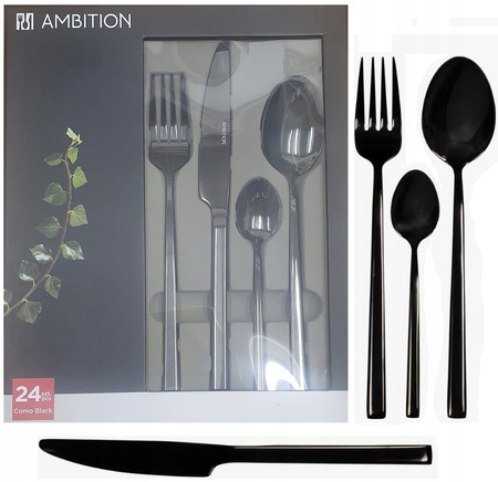 Sztućce Ambition Como  24 zestaw czarne black kolorowe nierdzewne komplet nowoczesne dla 6 osób do zmywarki