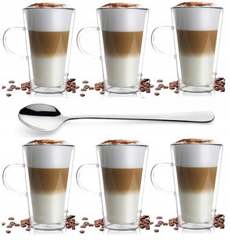 VIALLI DESIGN AMO 6 szklanek termicznych do kawy latte z podwójną ścianką 320ml + łyżeczki Austin