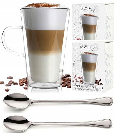 VIALLI DESIGN AMO 2 szklanki termiczne do kawy latte z podwójną ścianką 320ml + łyżeczki Bologna