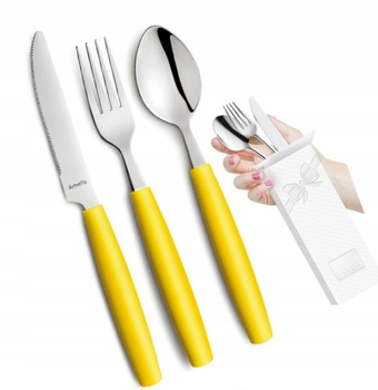 Amefa sztućce dziecięce zestaw 3 dla dziecka kolorowe zółte Pixel nóż widelec łyżka bez niklu do przedszkola