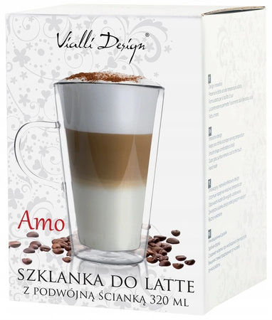 VIALLI DESIGN AMO 2 szklanki termiczne do kawy latte z podwójną ścianką 320ml + łyżeczki Bliss