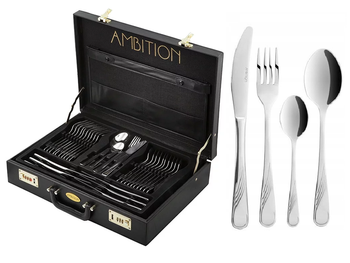 Sztućce Ambition Napoli komplet 72 sztuki nierdzewne z wzorem fala zestaw na 12 osób sztućce w walizce neseserze