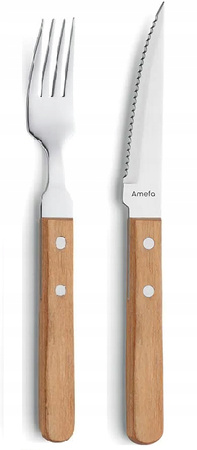 Amefa 1 nóż stekowy z ząbkami ostry sztućce 7000 styl country do steków pizzy schabowego 20,7 cm ze stali  18/0 jasne drewno