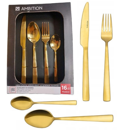 Sztućce Ambition Madeni zestaw 16 elementów obiadowe złote gold komplet dla 4 osób kolorowe nowoczesne modern do zmywarki 