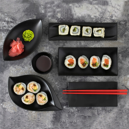 Ambition półmisek porcelanowy Salsa wąski długi talerz czarny kształt fali do serów wędlin przekąsek sushi 26 x 7 cm