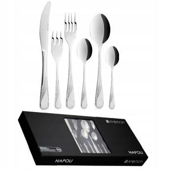 AMBITION NAPOLI 36 sztućce nierdzewne dla 6 osób zestaw 24 obiadowe 6 widelczyki do ciasta łyżeczki do kawy połysk