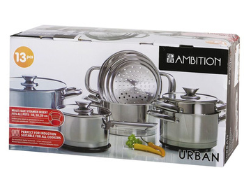 Ambition 13 garnki Urban stalowe nierdzewne tradycyjne na indukcję gaz komplet garnków ze stali nierdzewnej z wkładem na parę