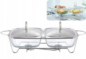 AMBITION HELIOS naczynie żaroodporne podwójne  5 L( 2x2,5 l)  z podgrzewaczami na stelażu stojaku do zapiekania serwowania na stół