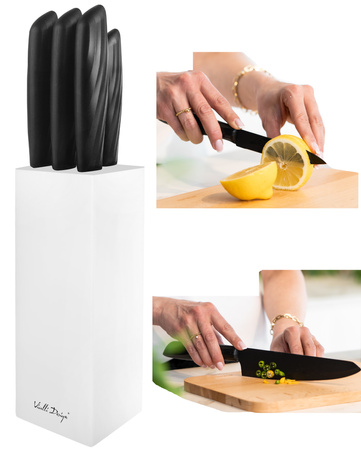 Vialli Design zestaw 5 noży kuchennych czarnych ze stali nierdzewnej w białym bloku oraz rękawica kuchenna do piekarnika 