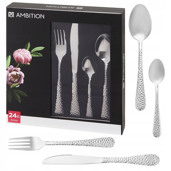 Sztućce Ambition Bubble zestaw 24 obiadowe komplet dla 6 osób z tłoczonym wzorem nowoczesne nierdzewne do zmywarki