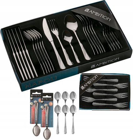 AMBITION 84 SZTUĆCE NAPOLI ZESTAW OBIADOWY WIDELCZYKI ŁYŻECZKI KAWY LATTE